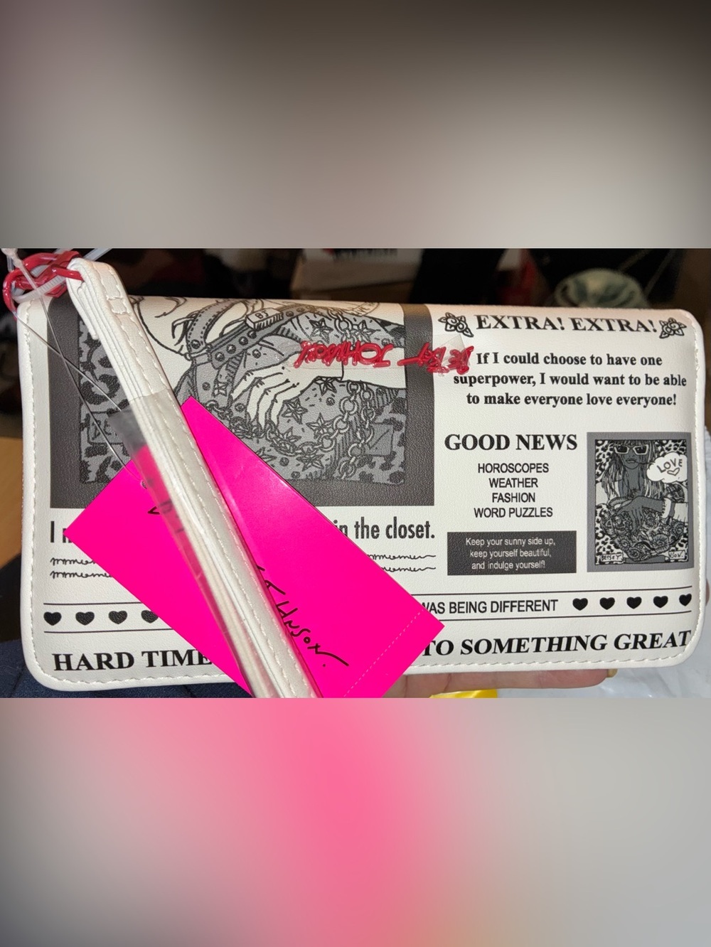 BETSEY JOHNSON Read All About It Newspaper-Theme Glam Oversized Wristlet NEW NWT - Picture 1 of 16